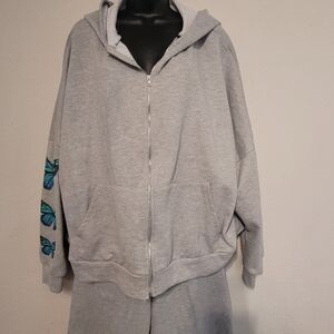 Gray Hoodie with Blue Butterfly Accents